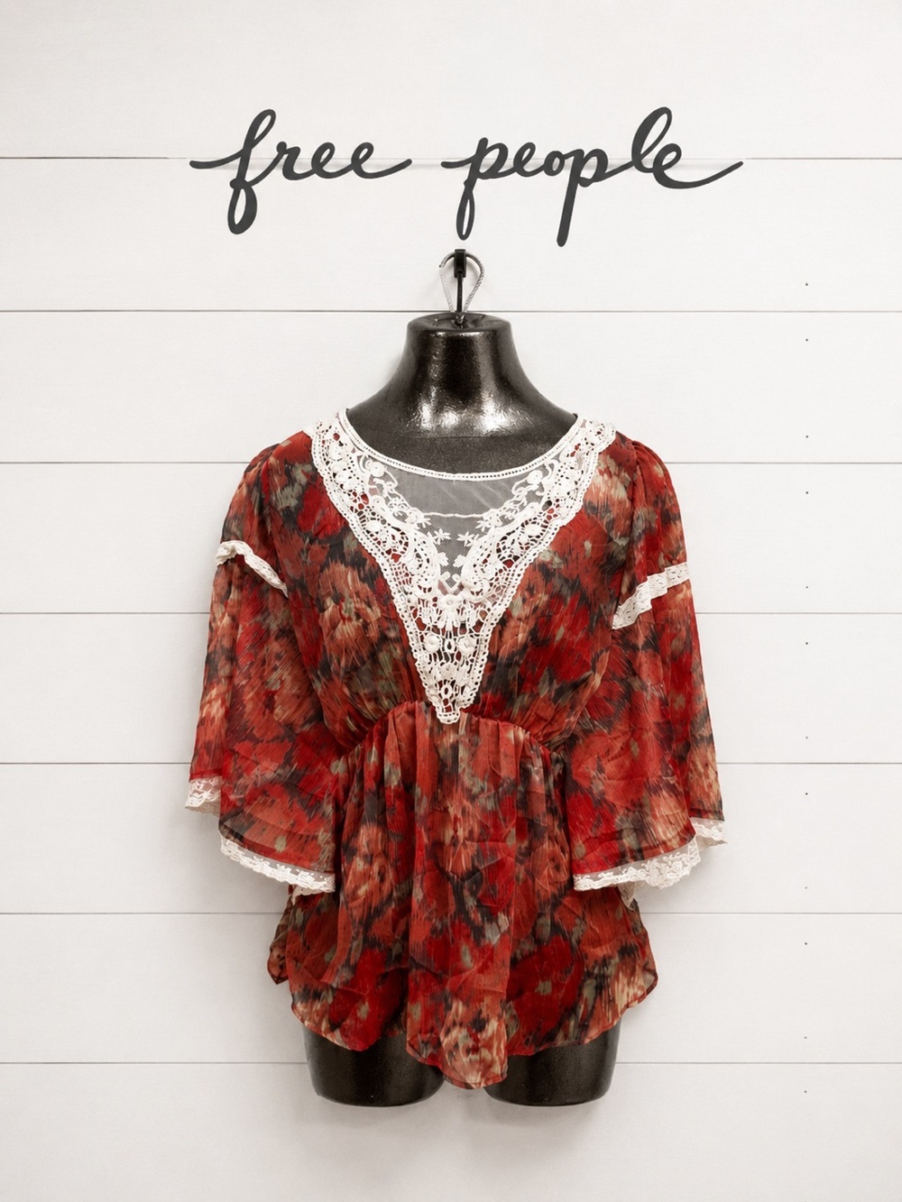 FREE PEOPLE Red Floral Lace Boho Blouse Size M